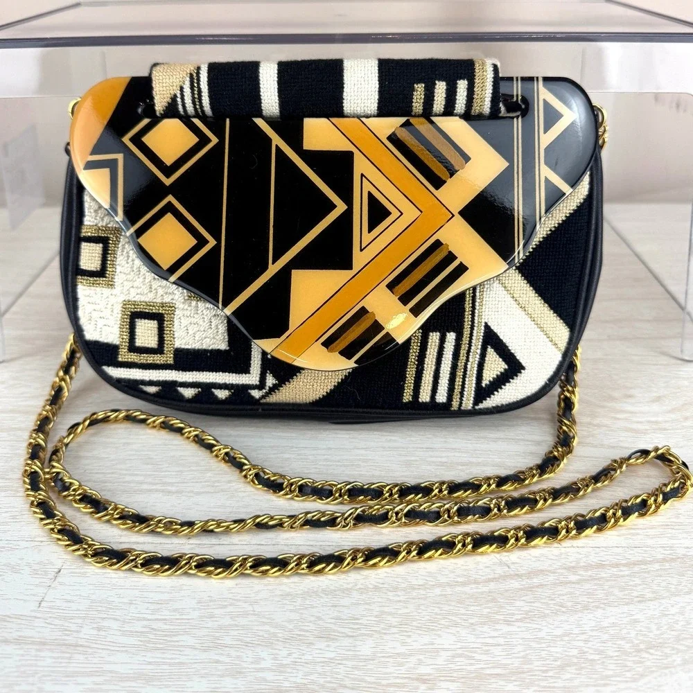 Vintage 80s Patricia Smith Moon Bag|Art Deco Geometric Needlepoint Chain Purse